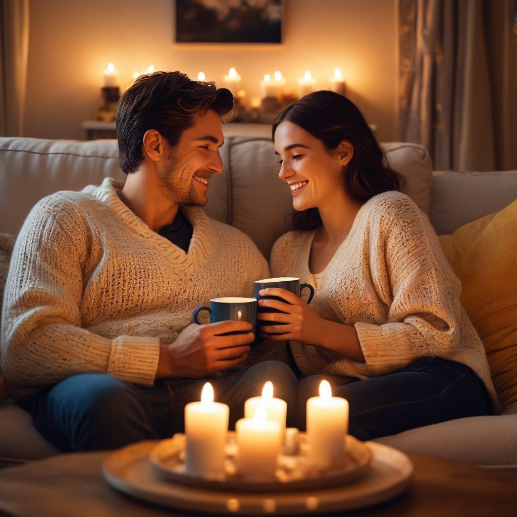 A cozy and intimate setting featuring a couple sitting closely together on a sofa, surrounded by softly glowing candles and warm fairy lights, sharing a heartfelt laugh while holding hands. Include elements like a coffee table with two steaming mugs and a romantic book open beside them. Capture a sense of warmth, trust, and deepening connection. super-realistic. soft lighting. vibrant colors.