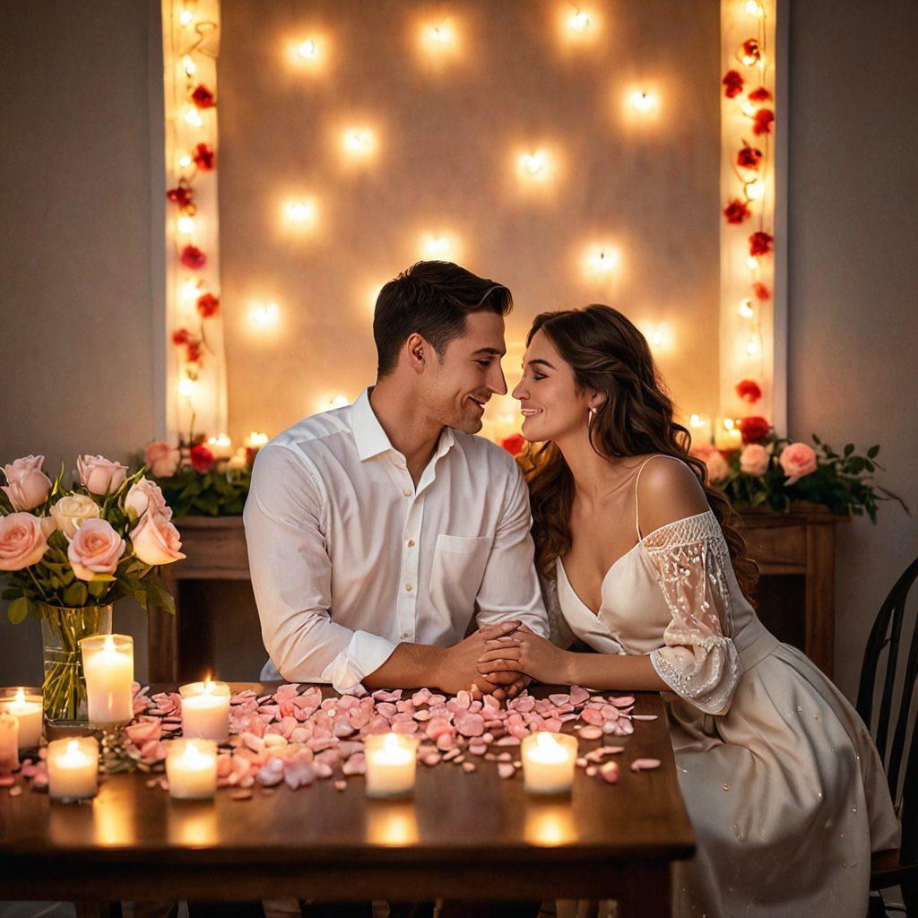 A warm and inviting scene of a couple sharing a heartfelt moment in a cozy setting, surrounded by gently flickering candlelight and soft rose petals. In the background, a beautifully set table with romantic decorations enhances the atmosphere of connection. Their expressions reflect deep affection, celebrating love while subtle hints of Valentine's Day elements add a romantic touch. soft lighting, pastel colors, super-realistic.