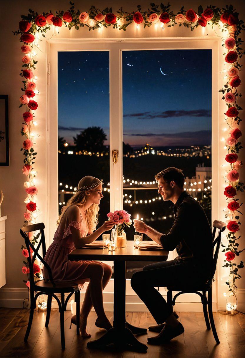 A cozy, candlelit dinner table set for two, adorned with soft roses and gentle fairy lights. In the background, a silhouette of a couple sharing a tender moment while listening to soft music, embodying intimacy and connection. Warm hues of red, pink, and gold fill the scene, evoking feelings of love and warmth. super-realistic. vibrant colors. romantic ambiance.